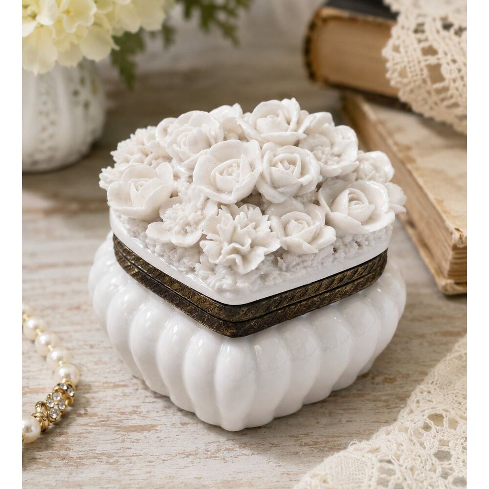 Vintage White Porcelain Floral Heart Trinket Box Brass Trim Ardalt Style Japan